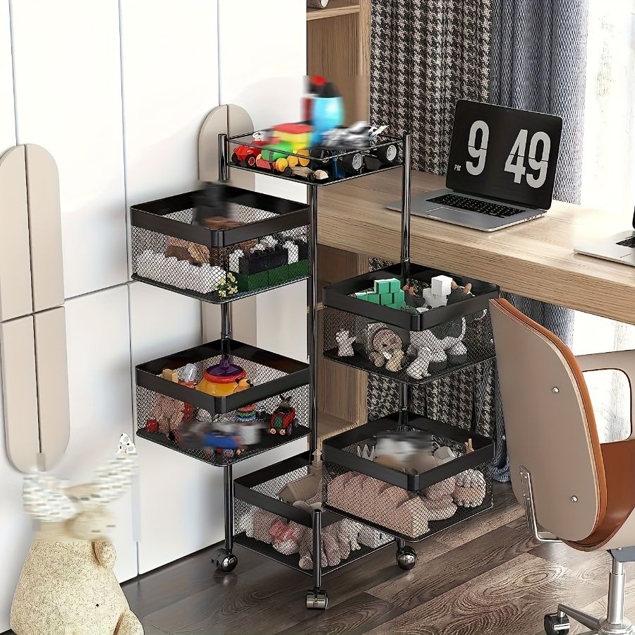 Rotating Kitchen Storage Shelf 5 Tier, Metal Fruit Vegetable Storage Basket Multi-Layer Vegetable Rack Storage Trolley on Wheels, Floor-Standing Basket for Kitchen Bathroom, Square