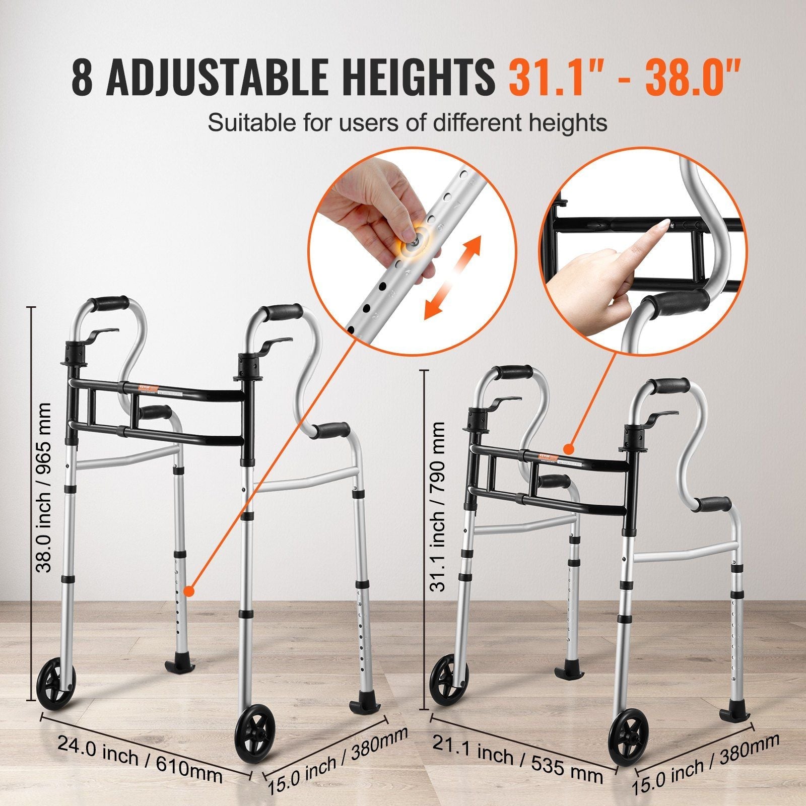VEVOR Folding Walker Stand-Assist Folding Walkers with Adjustable Height & Width