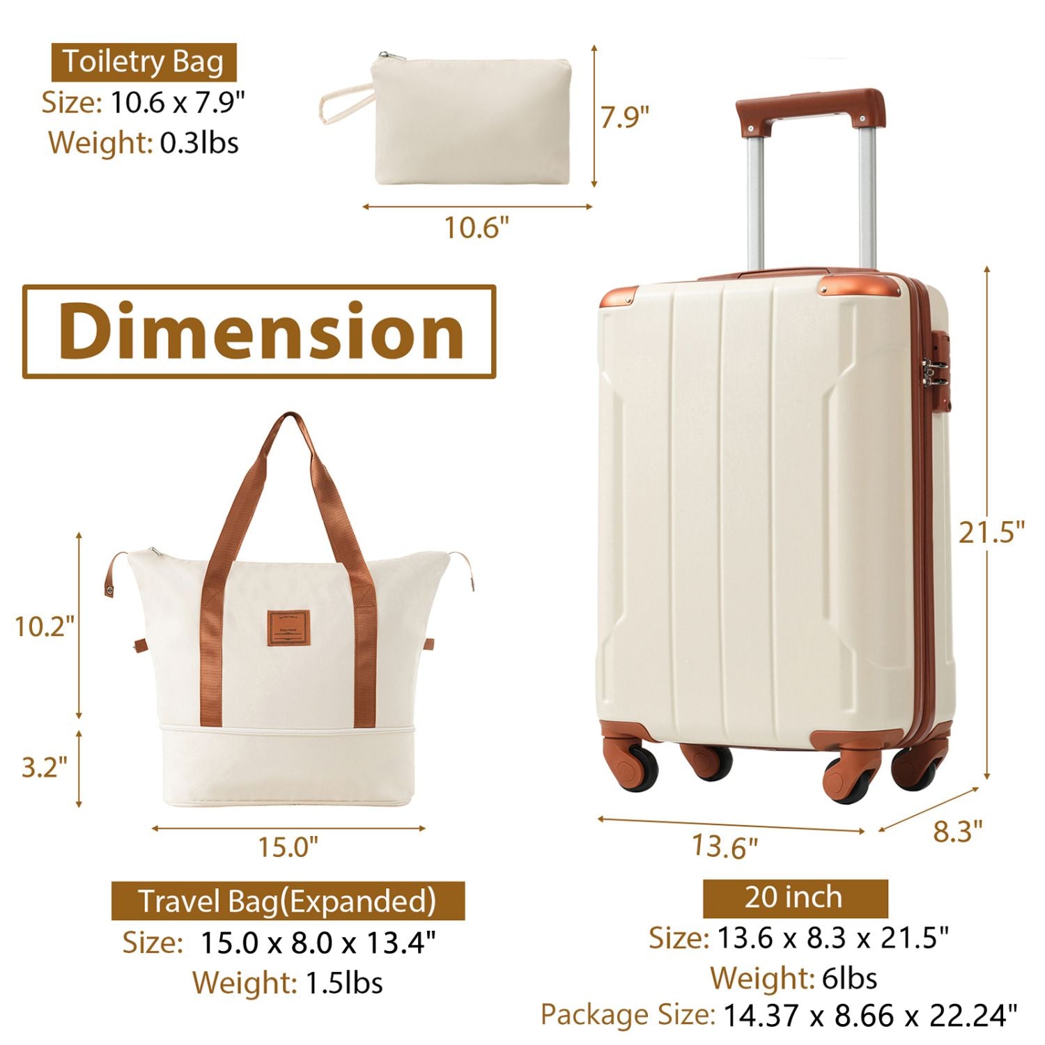 20 Inch Carry On Luggage Set 3 Piece with Spinner Wheels, Lightweight Hardshell ABS Suitcase for Weedend Getaways, Business Travel, White Brown