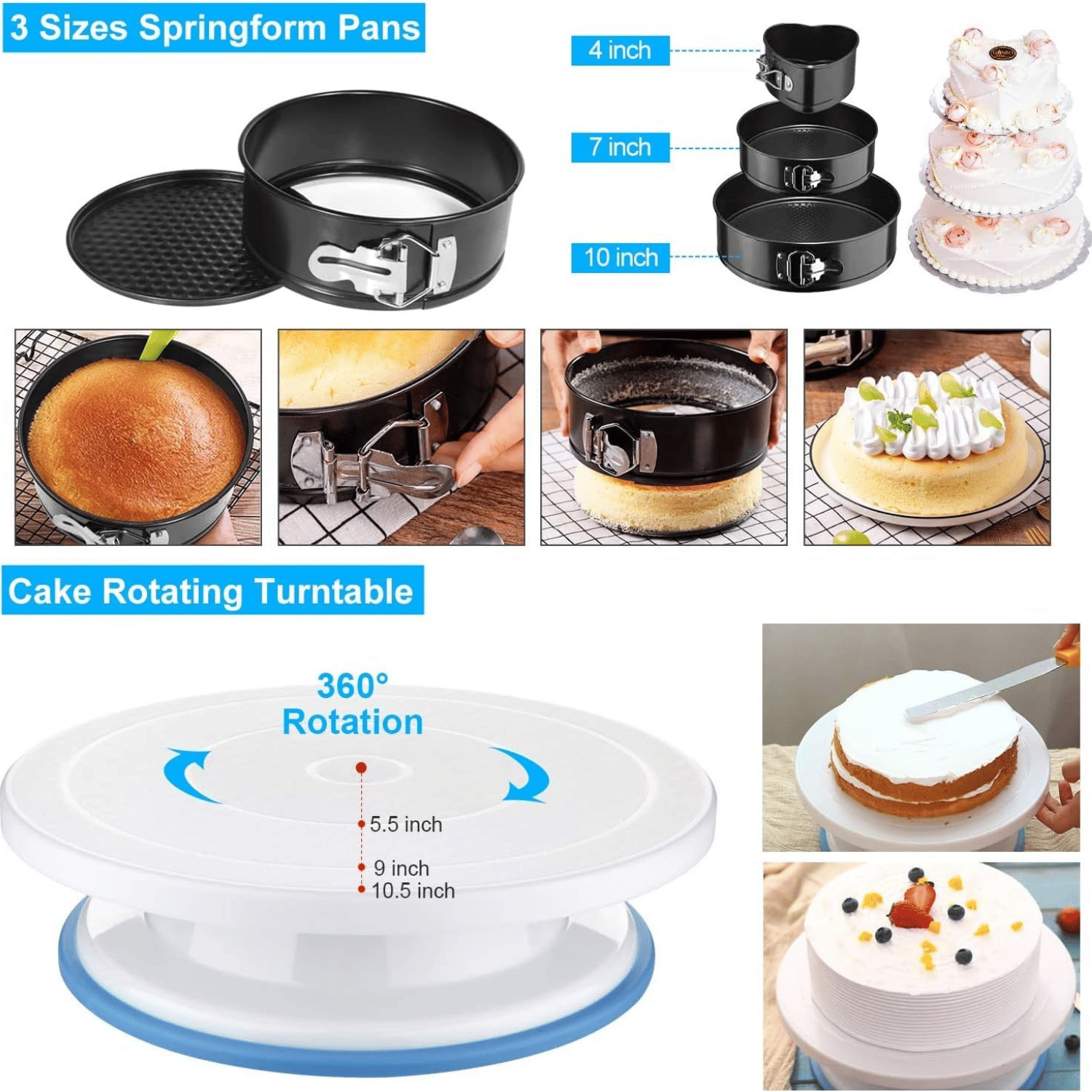 Deluxe Cake Decorating Set - Unleash your pastry potential, premium rotating cake turntable, wide range of 48 decorating nozzles, 3-pack springform cake pan, total of 390 accessories