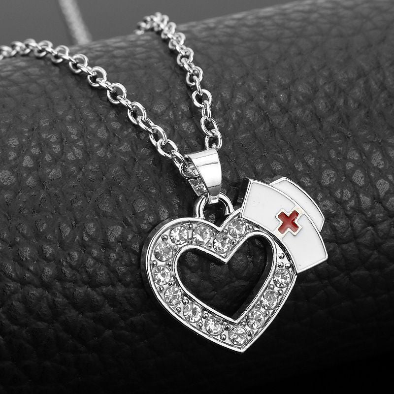 (Dedicated to our Nurses) Creative New Diamond Heart-shaped Nurse Hat Pendant Necklace