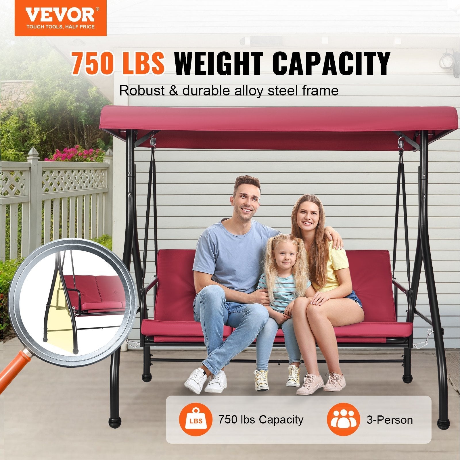 3-Seat Patio Swing Chair, Converting Canopy Swing, Outdoor Patio Porch with Adjustable Canopy, Removable Thick Cushion and Alloy Steel Frame, for Balcony, Backyard, Poolside, Burgundy