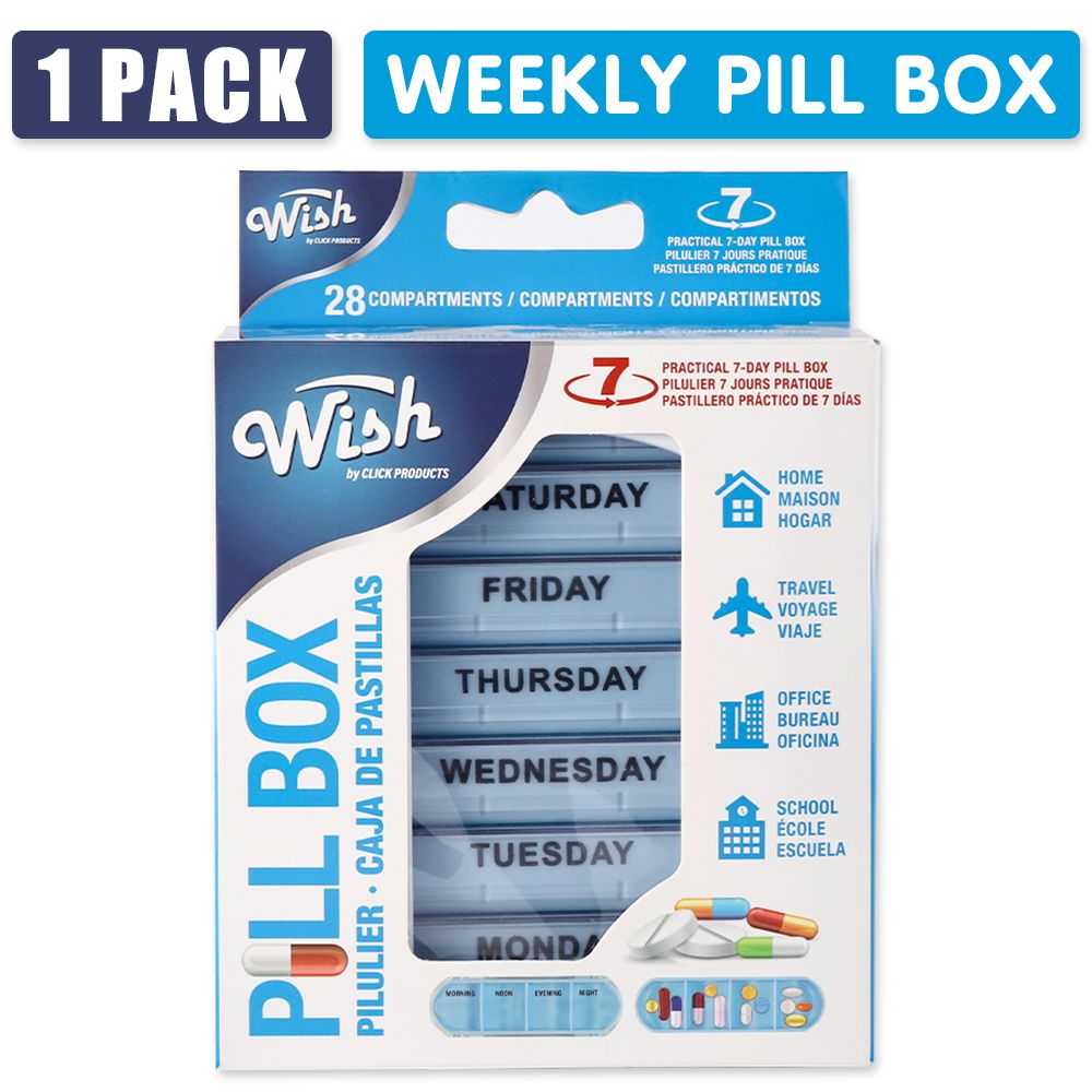 Weekly Pill Organizer with 28 Compartments - Detachable, Sealed Medicine Storage Box for Pills & Candy - White/Blue