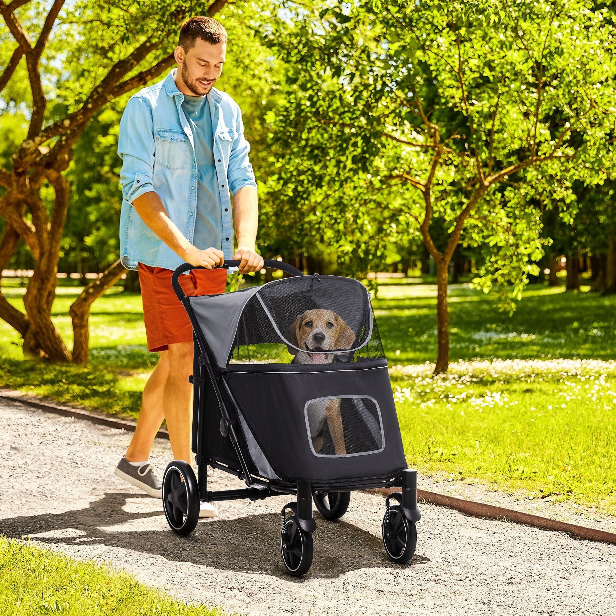 Pet Stroller Dog Cat Carriage One Click Fold with Universal Front Wheels Shock Absorber Brakes Storage Bags Mesh Window