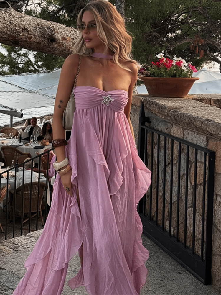 Pink Irregular Ruffle Edge Halter Dresses Summer New Sleeveless Off Shoulder Holiday Robes Women Chic Highstreet Beach Dresses