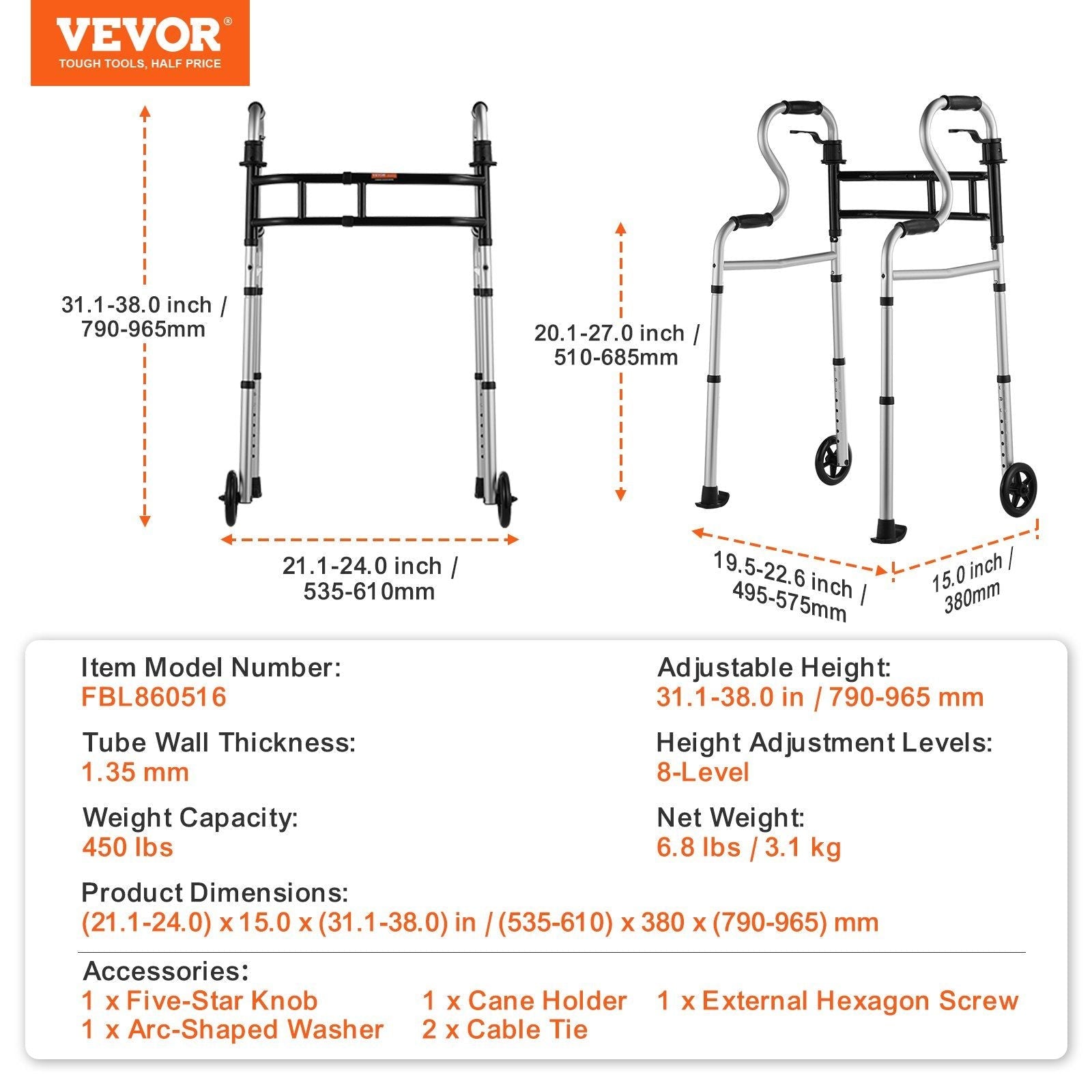 VEVOR Folding Walker Stand-Assist Folding Walkers with Adjustable Height & Width