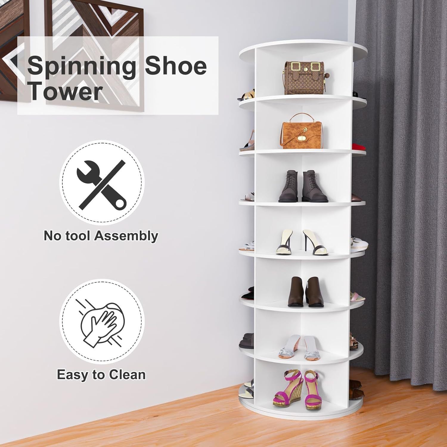 7 Tier Rotating Shoe Rack Tower, Spinning Shoe Display, 360 Shoe Rack Storage Round Carousel, Vertical Handbag Rotate Shoes Closet Organization, Christmas Gift (WHITE)