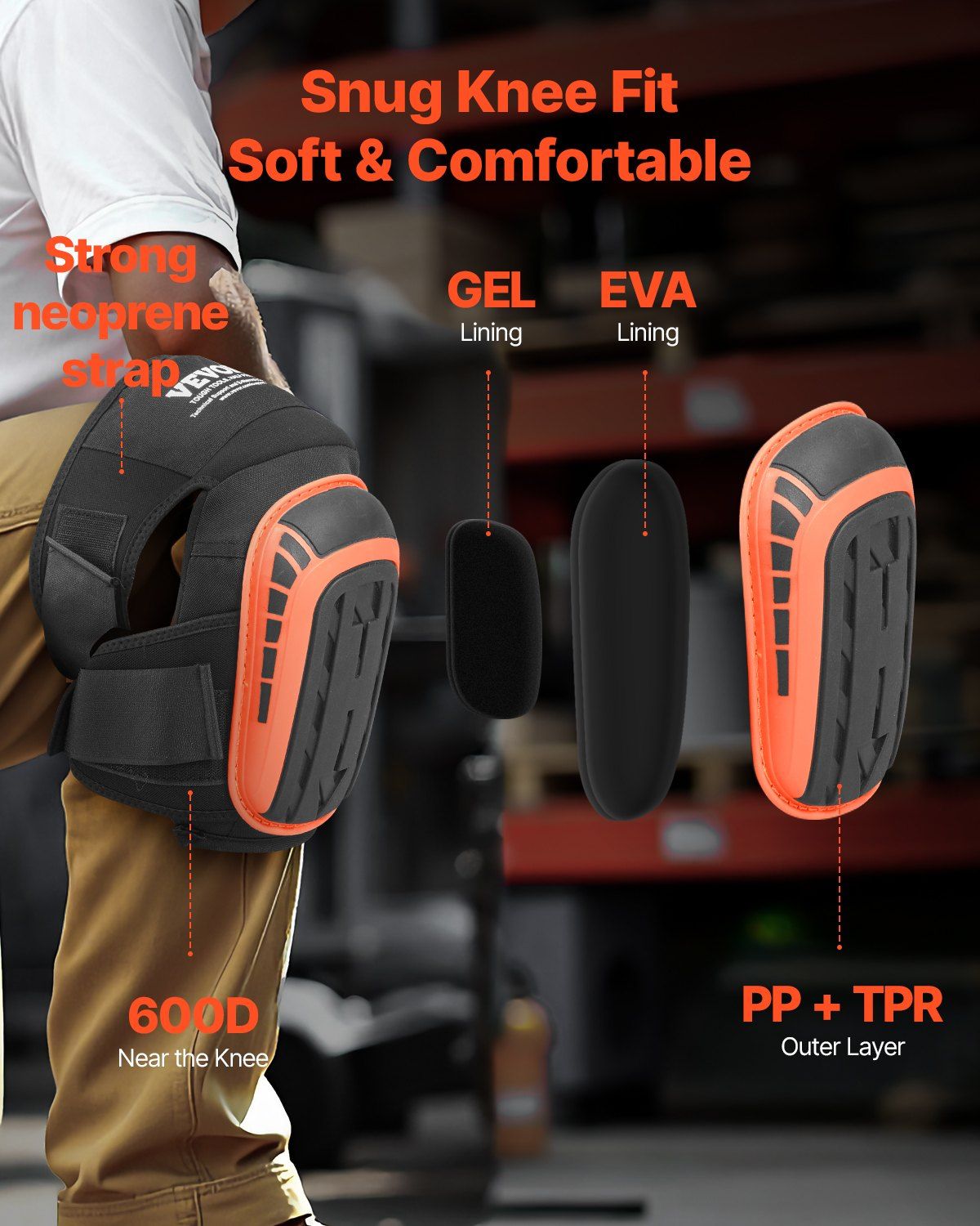 VEVOR Knee Pads for Work, Extended Heavy Duty Construction Knee Pads with 2 Extension Straps, Anti-Slip Foam Gel Knee Pads, Men & Women, for Gardening Flooring Roofing and Cleaning, Black and Orange
