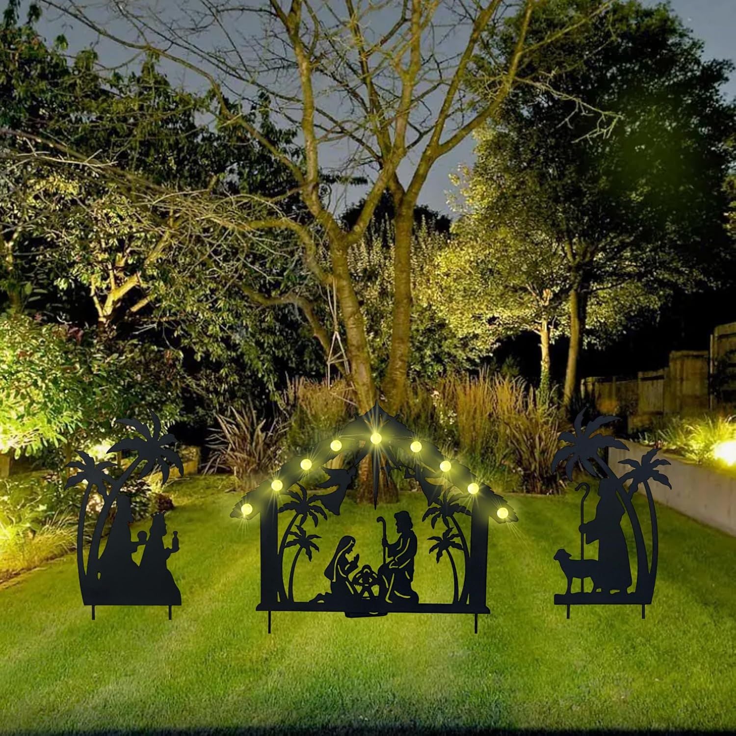 Christmas Garden Jesus Scene Decor, Solar Lighted Outdoor Nativity Set with 9 LED Lights, Christmas Decoration for Indoor Outdoor Holiday Party Garden Yard Lawn Decor