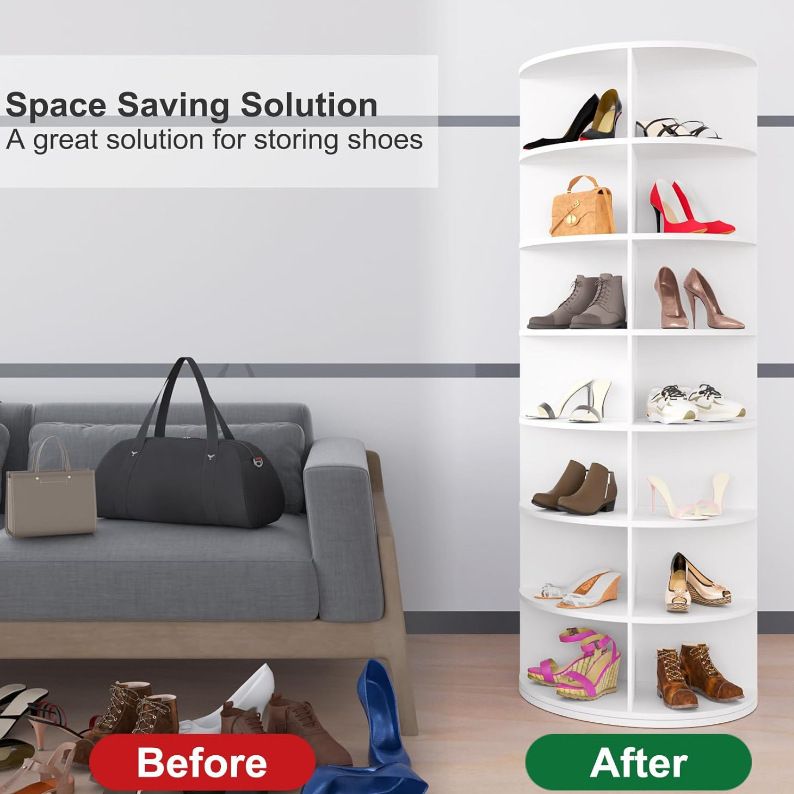 7 Tier Rotating Shoe Rack Tower, Spinning Shoe Display, 360 Shoe Rack Storage Round Carousel, Vertical Handbag Rotate Shoes Closet Organization, Christmas Gift (WHITE)
