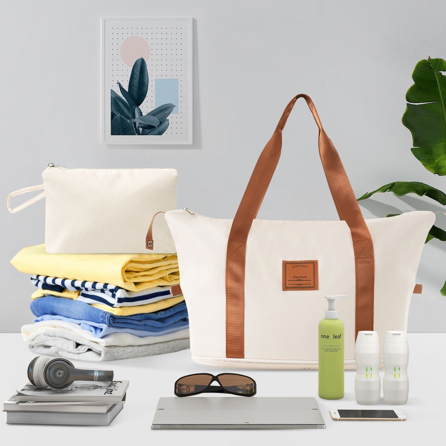 20 Inch Carry On Luggage Set 3 Piece with Spinner Wheels, Lightweight Hardshell ABS Suitcase for Weedend Getaways, Business Travel, White Brown