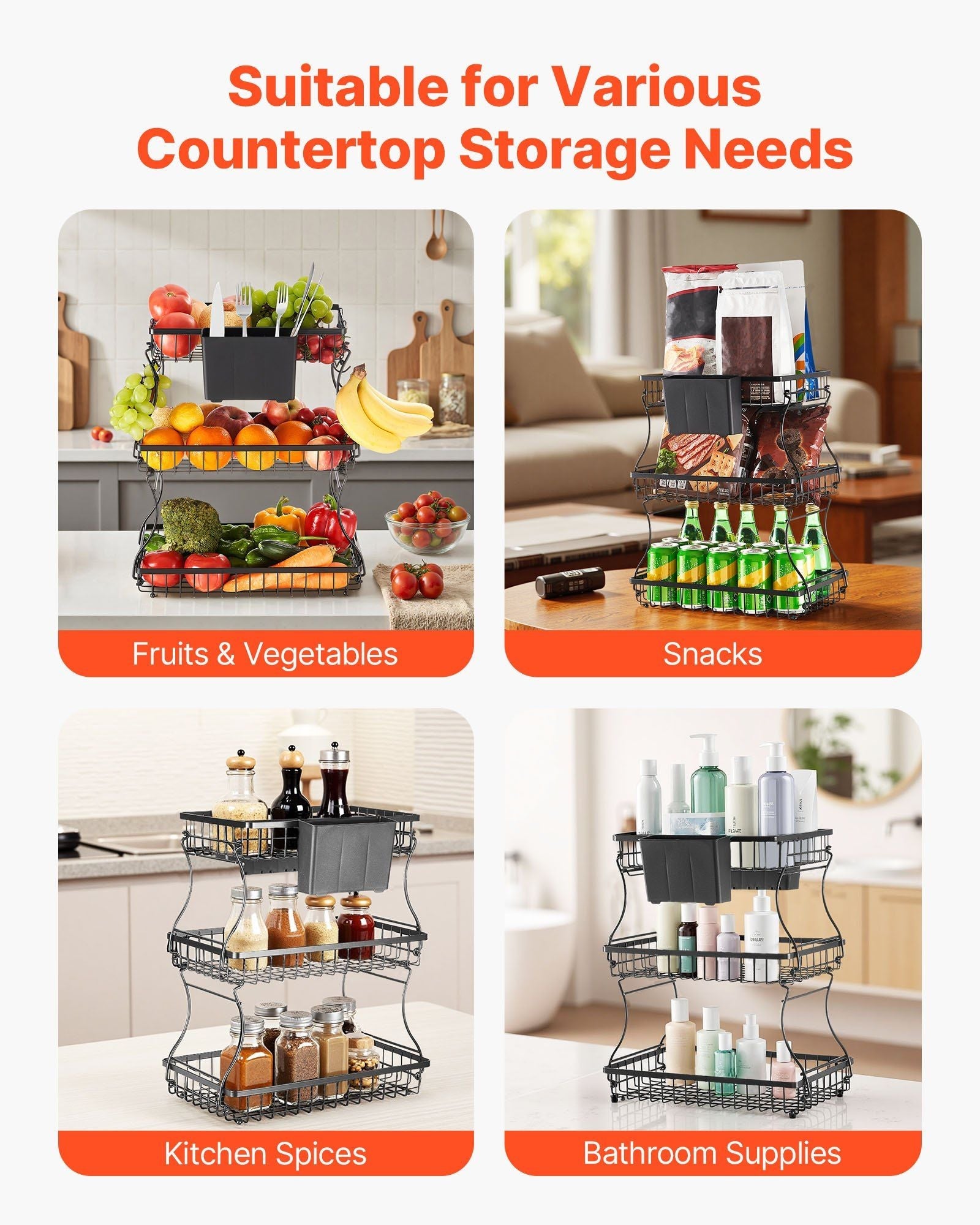 3 Tier Fruit Basket Bowl Kitchen Countertop Storage Stand Holder Banana Hanger