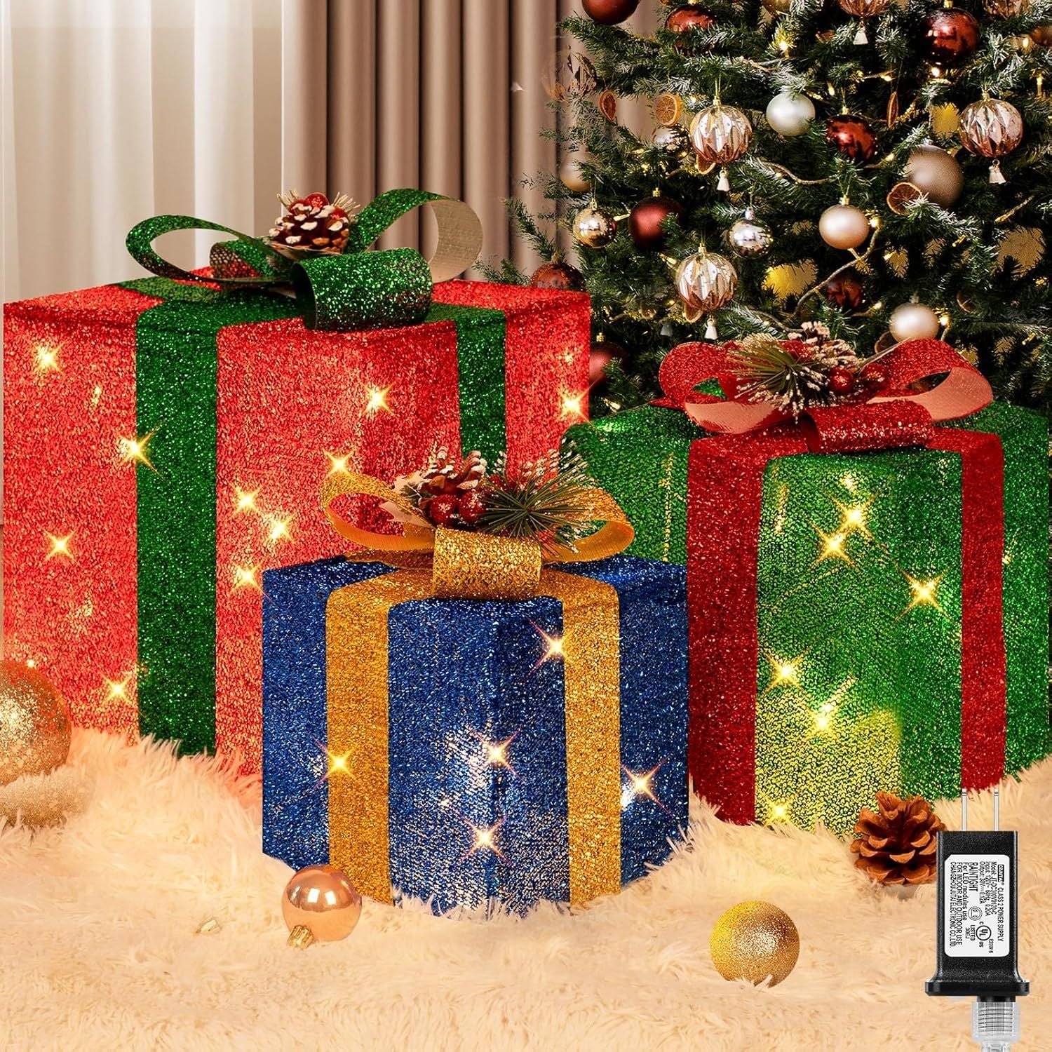 3 Pieces Large Gift Boxes for Christmas Decorations Outdoor, 10" 8" 6" with Pre-lit 70 LED Mini String Lights, Plug-in Warm White Present Boxes with Glitter for Christmas Wedding Party