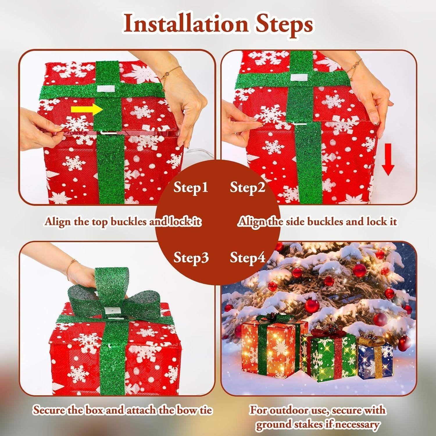 3 Pieces Large Gift Boxes for Christmas Decorations Outdoor, 10" 8" 6" with Pre-lit 70 LED Mini String Lights, Plug-in Warm White Present Boxes with Glitter for Christmas Wedding Party