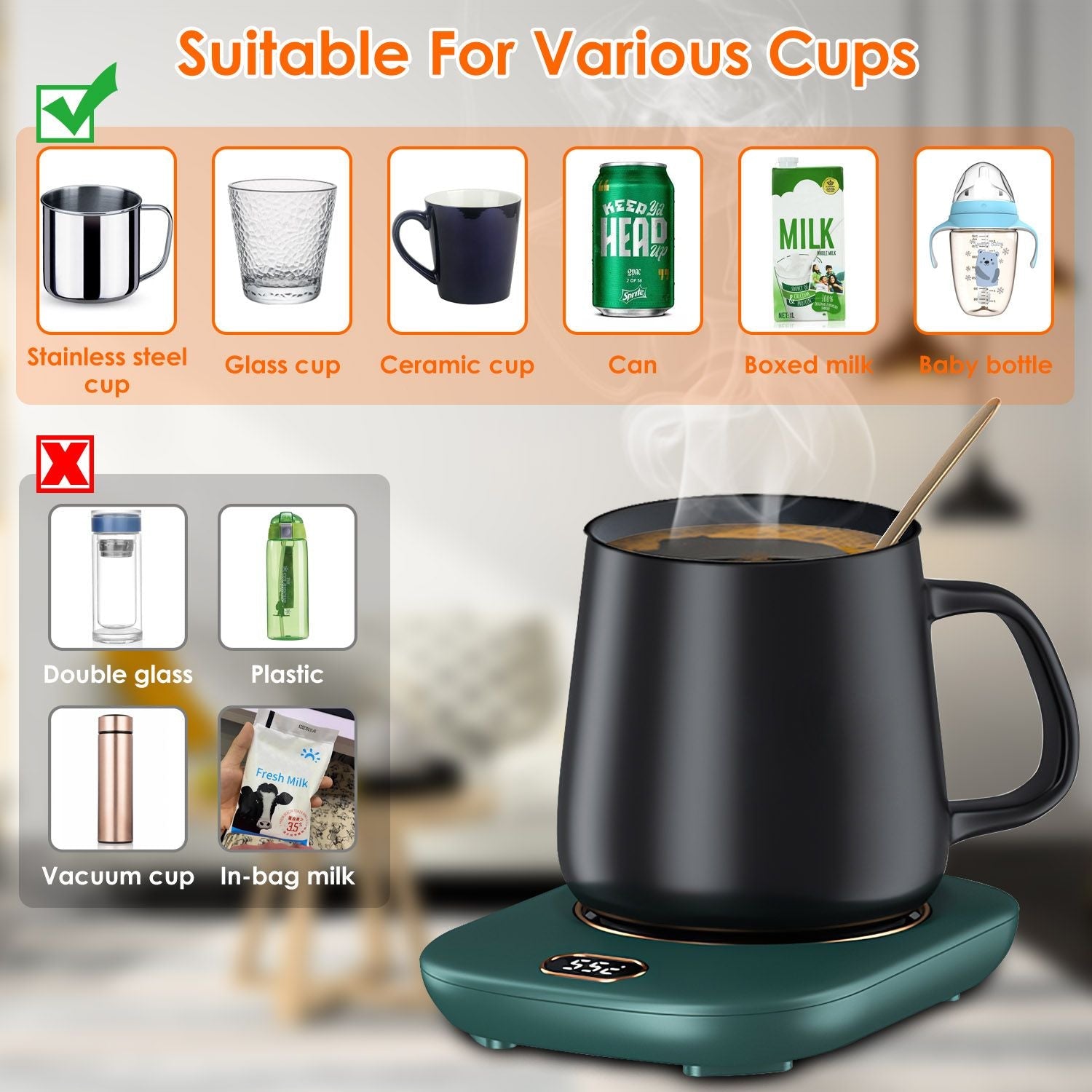 Smart Electric Coffee Mug Warmer with Auto Shut Off - USB Connection, 3 Temperature Settings for Coffee, Tea, & Milk
