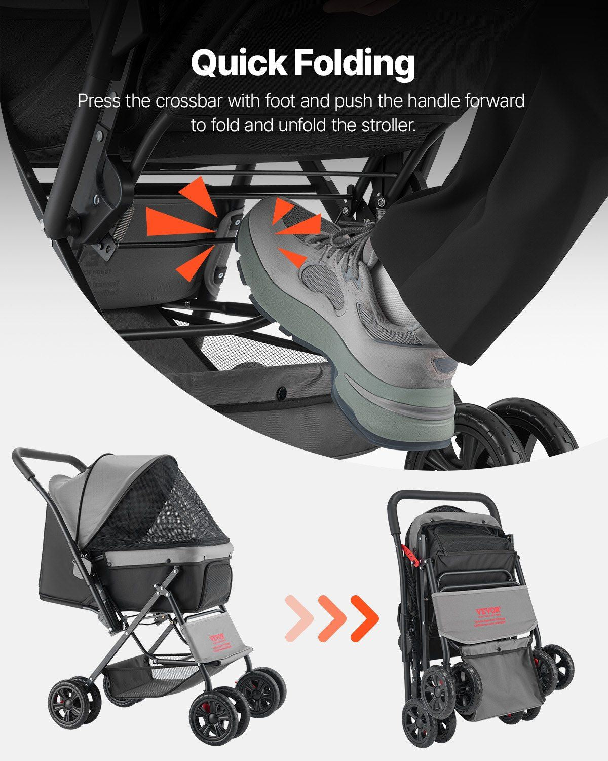 Pet Stroller Foldable 4 Wheels Travel Dog Stroller Reversible Handle up to 44lbs