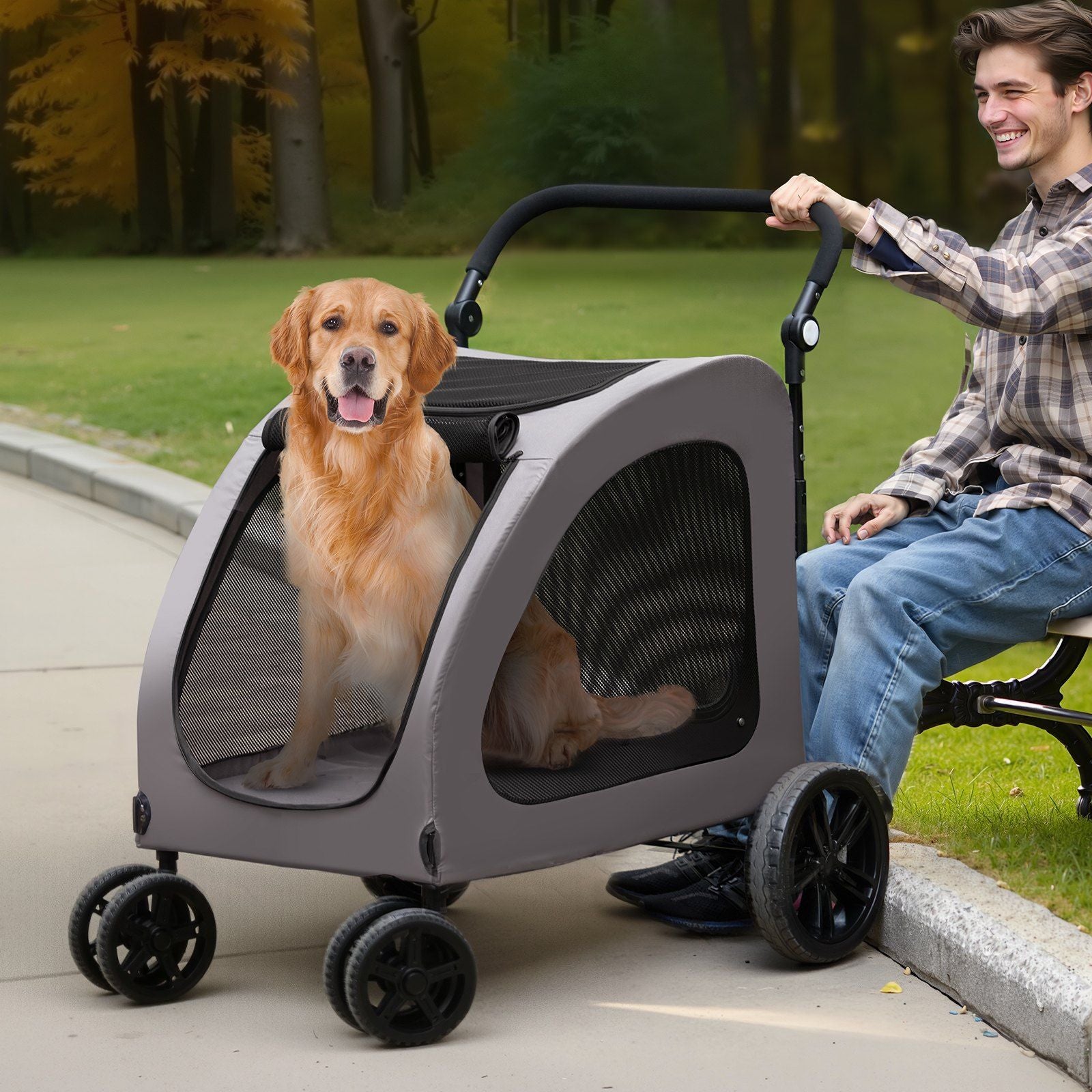 Pet Stroller - 4-Wheels Dog Stroller Carrier 160lbs Weight Capacity Portable