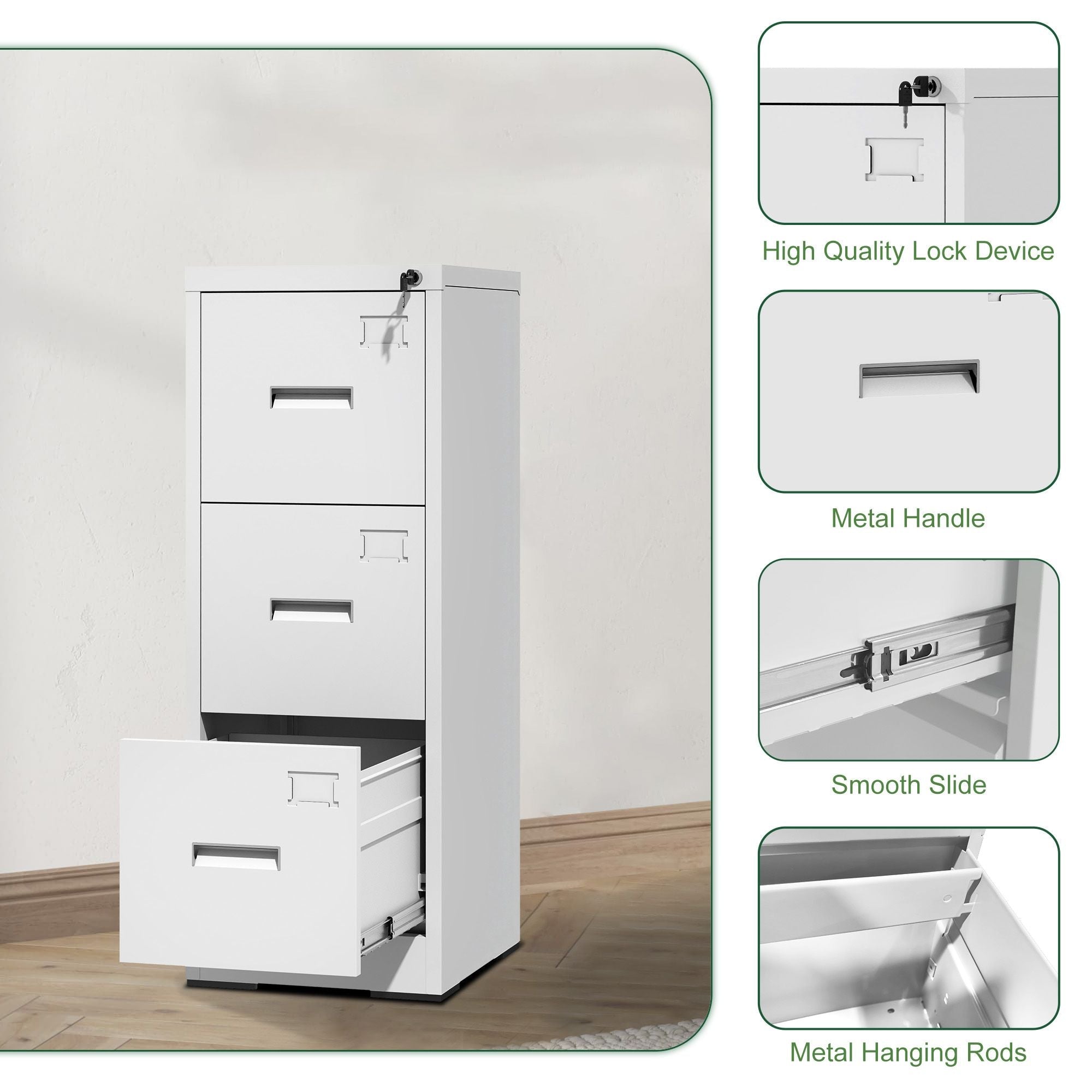 3 Drawer Metal Vertical File Cabinet with Lock and Card Slot Office Home Vertical File Cabinet for A4 Legal/Letter Size Narrow File Cabinet Locked,Assembly Required (White)