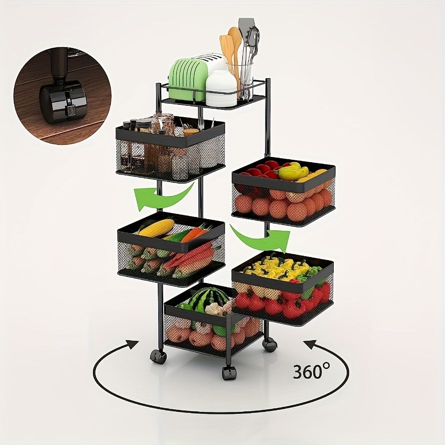 Rotating Kitchen Storage Shelf 5 Tier, Metal Fruit Vegetable Storage Basket Multi-Layer Vegetable Rack Storage Trolley on Wheels, Floor-Standing Basket for Kitchen Bathroom, Square