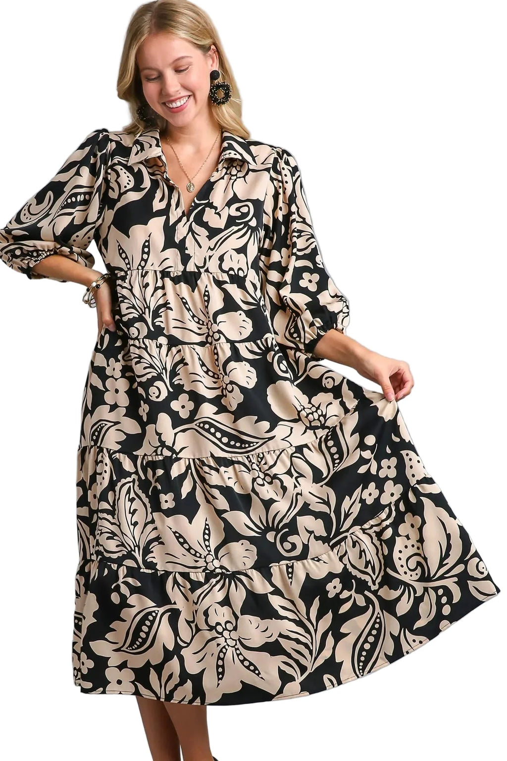 Floral Print Tiered Midi Dress