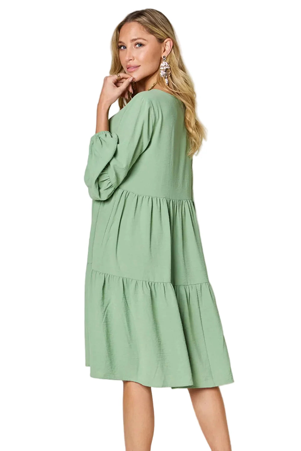 Full-Size V-Neck Balloon Sleeve Tiered Dress with Pockets