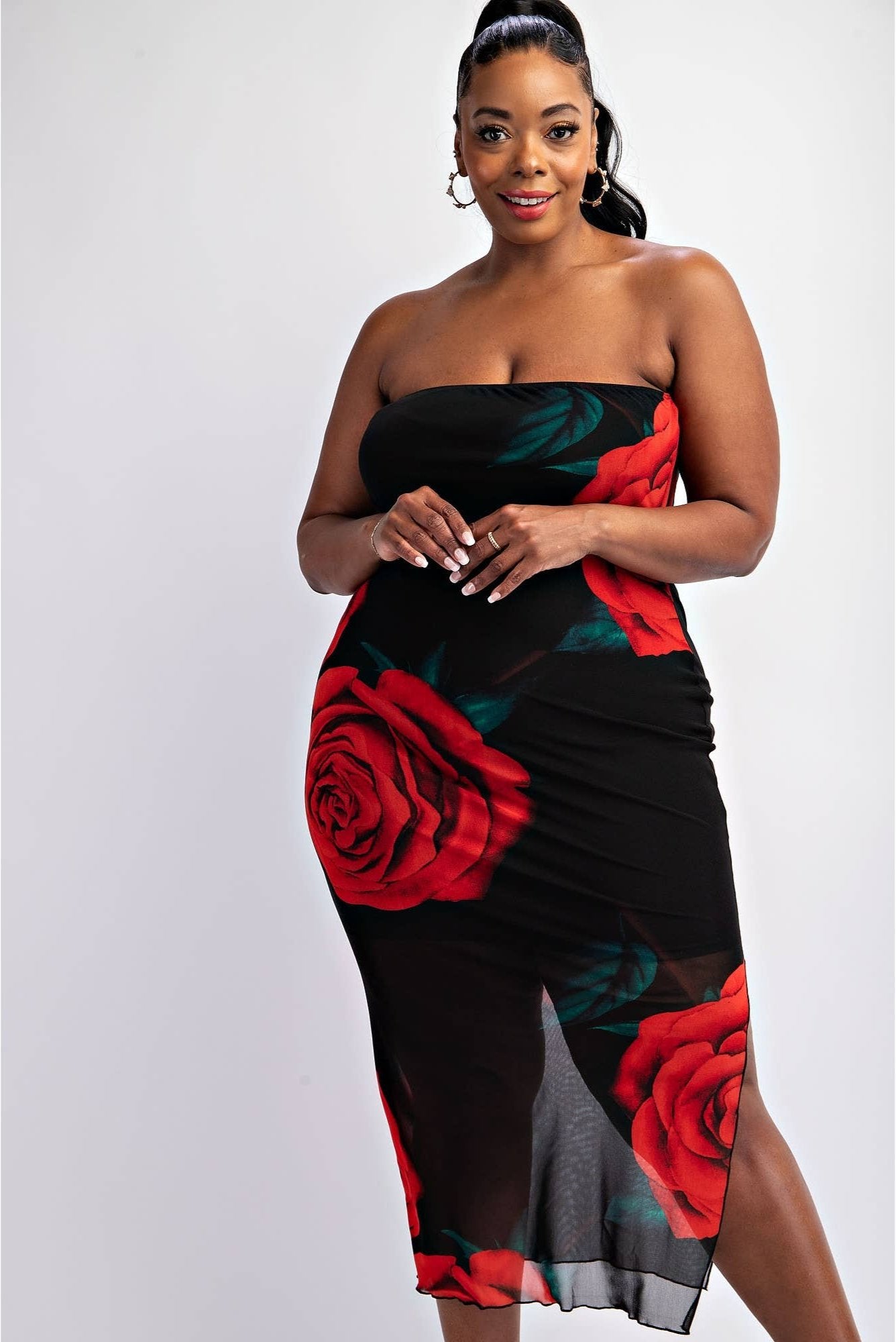 Emilia Plus Size Mesh Print Strapless Dress with Slit