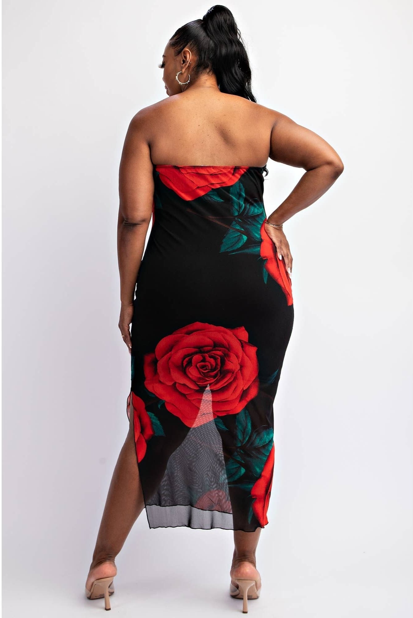 Emilia Plus Size Mesh Print Strapless Dress with Slit