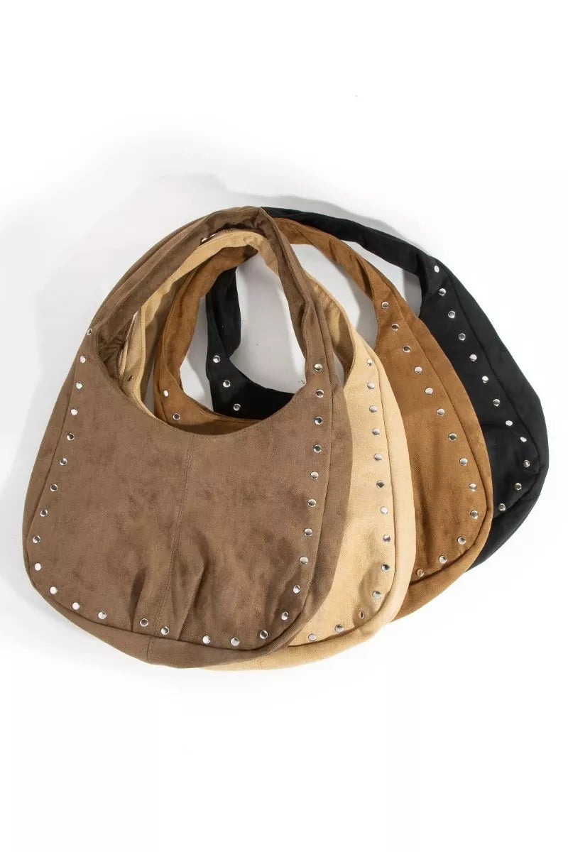 Fame Faux Suede Studded Trim Hobo Bag