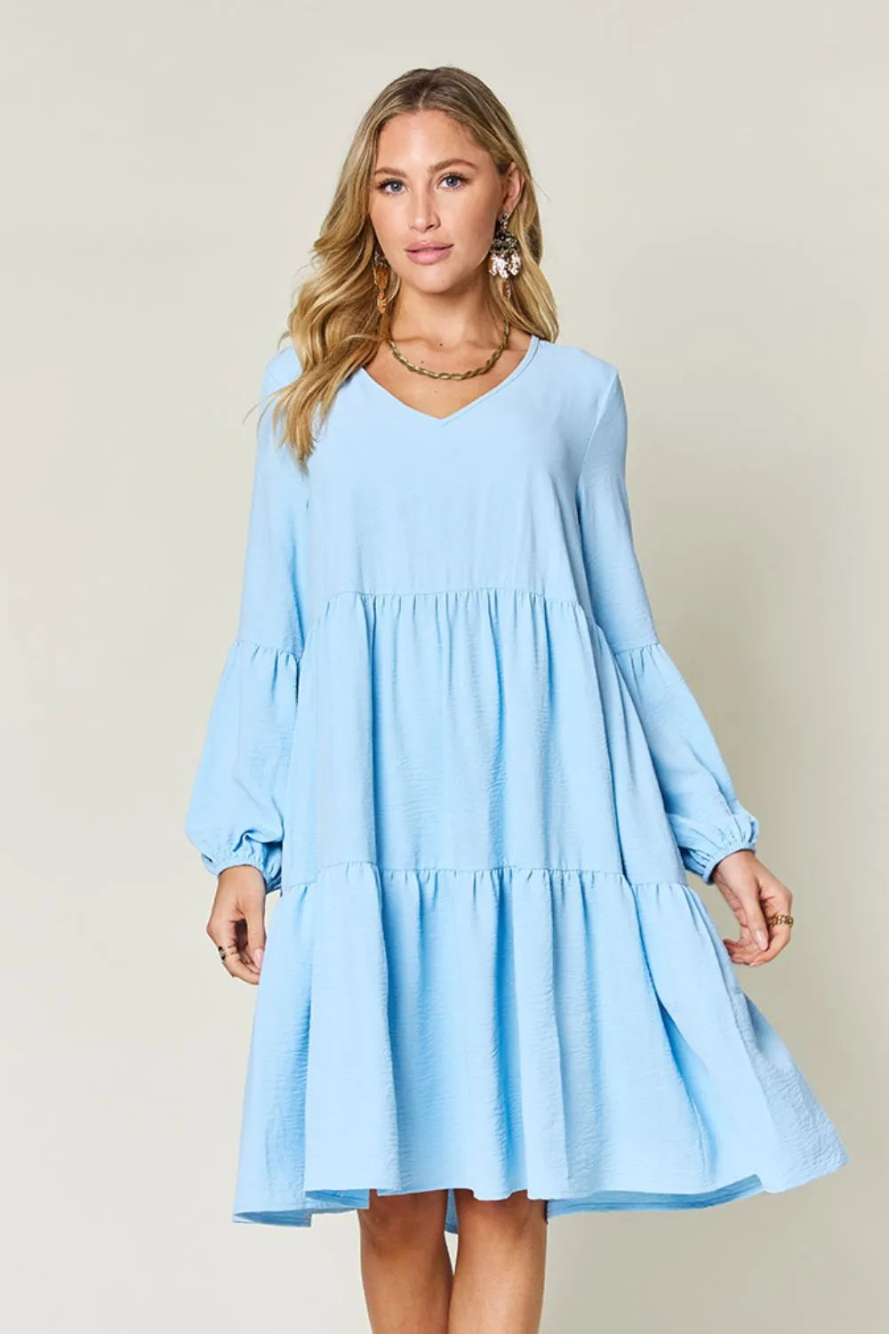 Full-Size V-Neck Balloon Sleeve Tiered Dress with Pockets