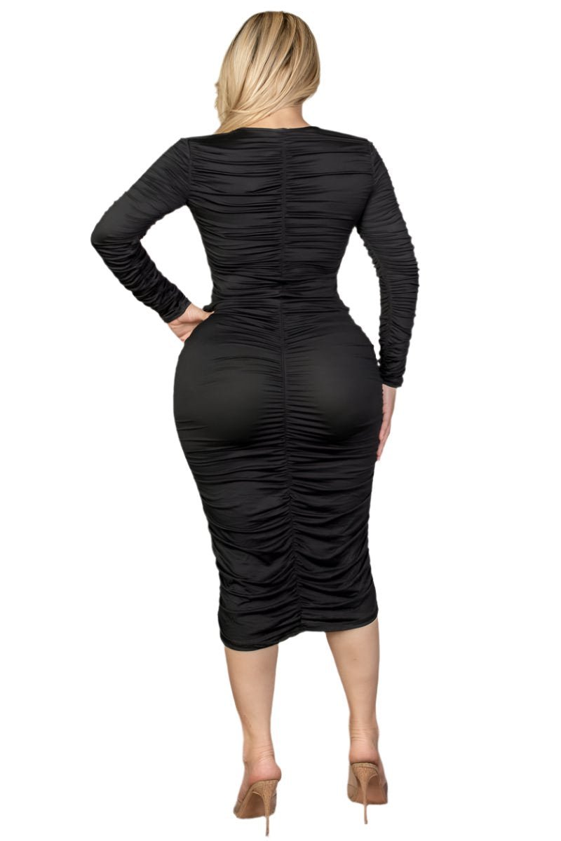 Jackie Plus Size Midi Dress - Ruched Long Sleeve Design, Flattering Fit for Every Occasion