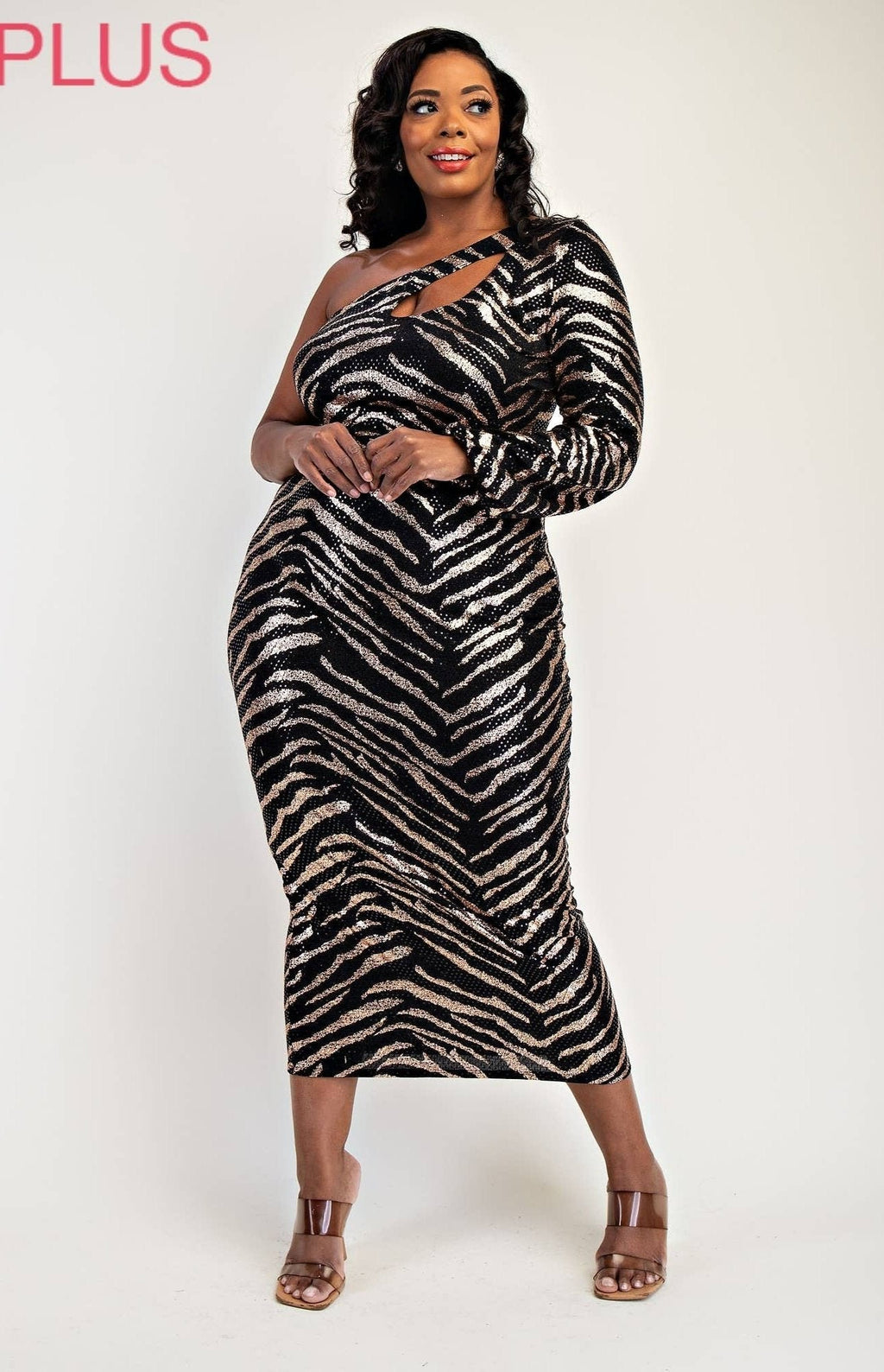 Jaylin Plus Size Sequins Knit One Shoulder Dress with Cutout