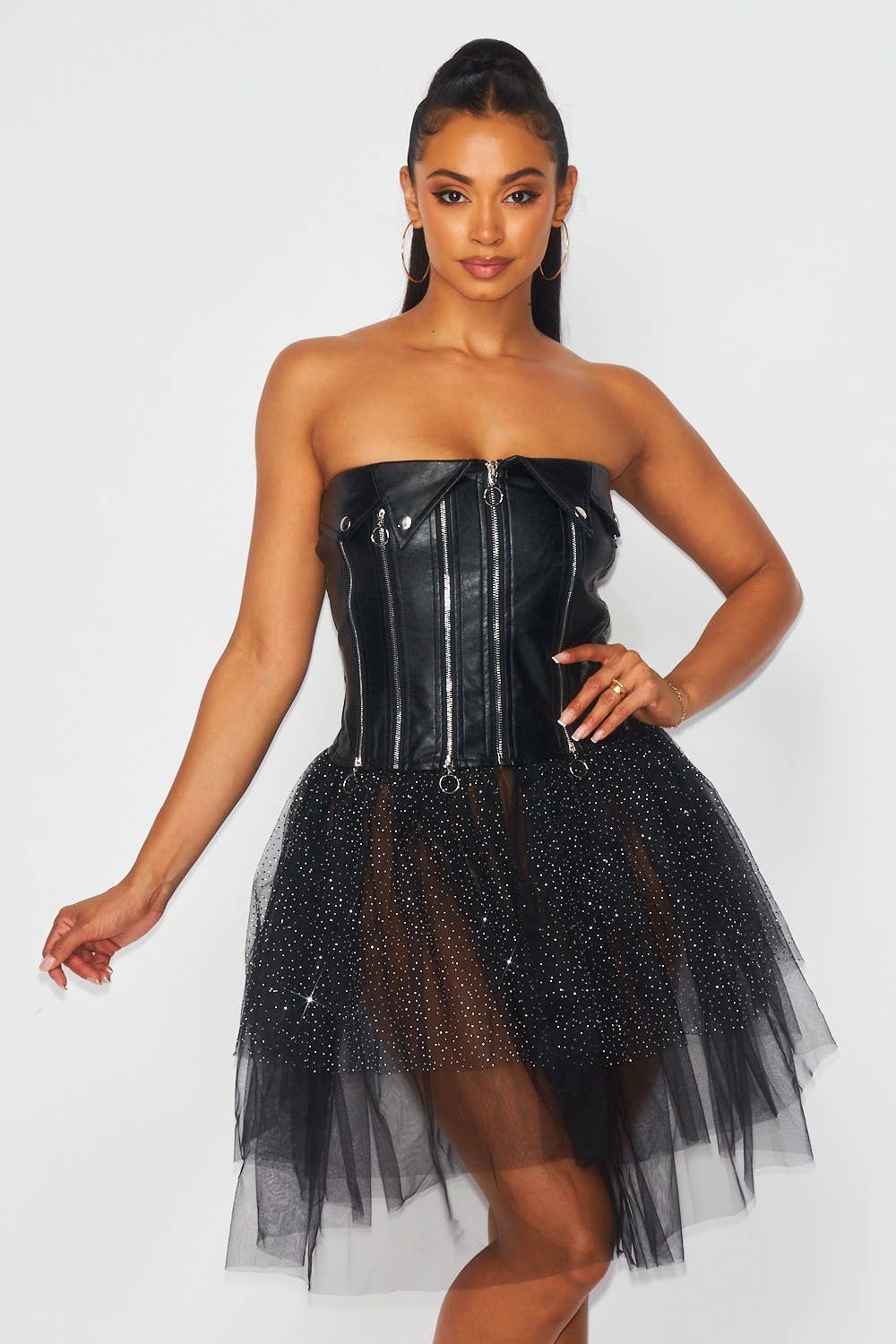 Kayla Contrast Mesh Faux Leather Strapless Tutu Dress | Punk Rock Goth Glam Zipper Dress