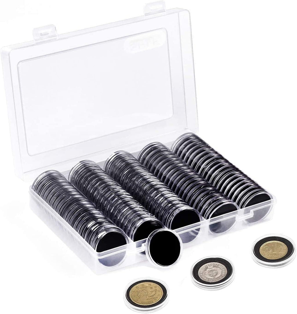 100 Pieces Case Holder for Collectors 30mm Silver Gold Bar Plastic Rounds Coins Capsules Covers with Storage Organizer Box for Copper Pesos Quarters Pennies Dimes Collection Supplies