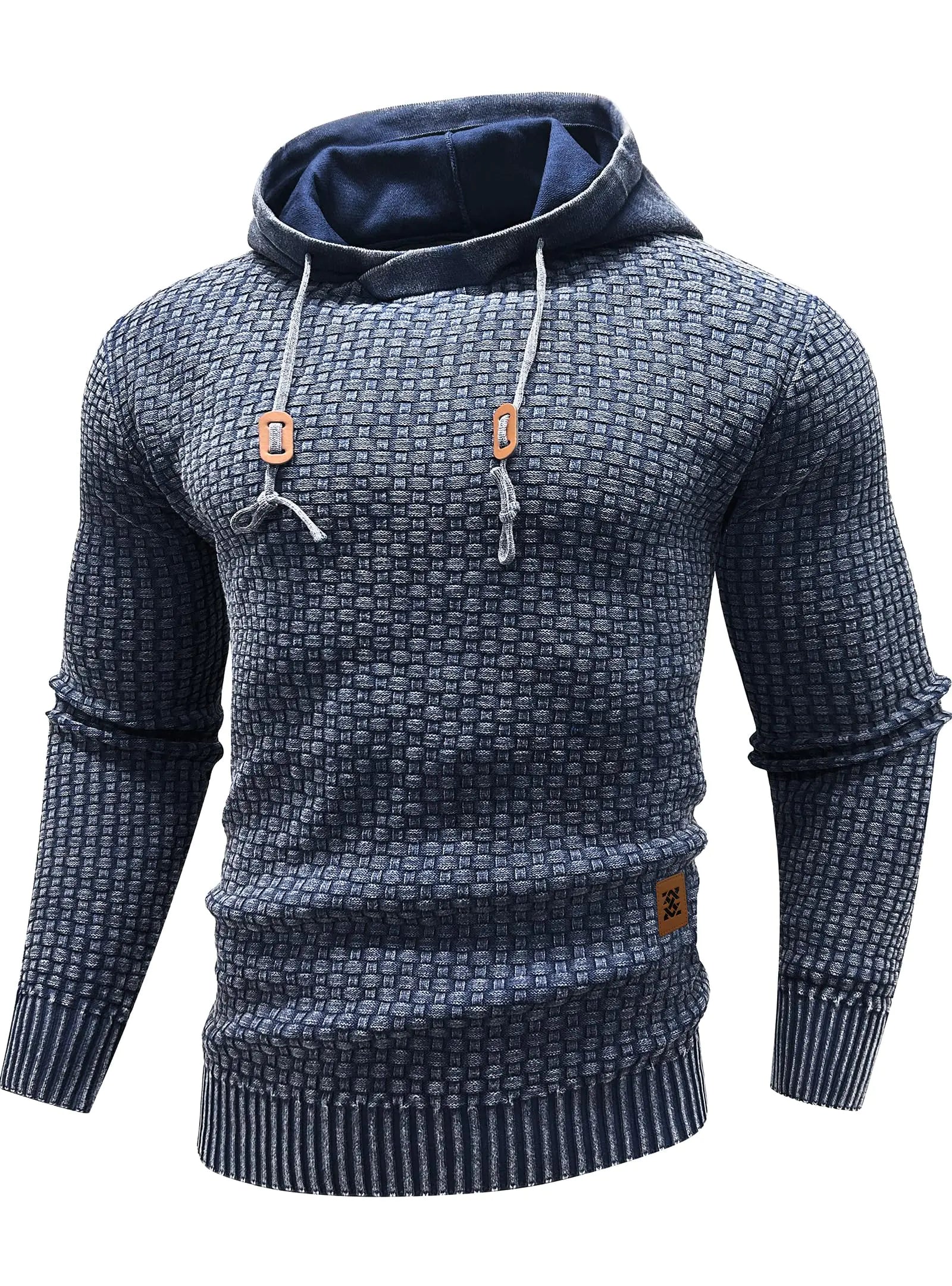 Mens Acid Wash Cotton Hoodies Pullover Sweatshirt Long Sleeve Waffle Hoodies Streetwear Blue