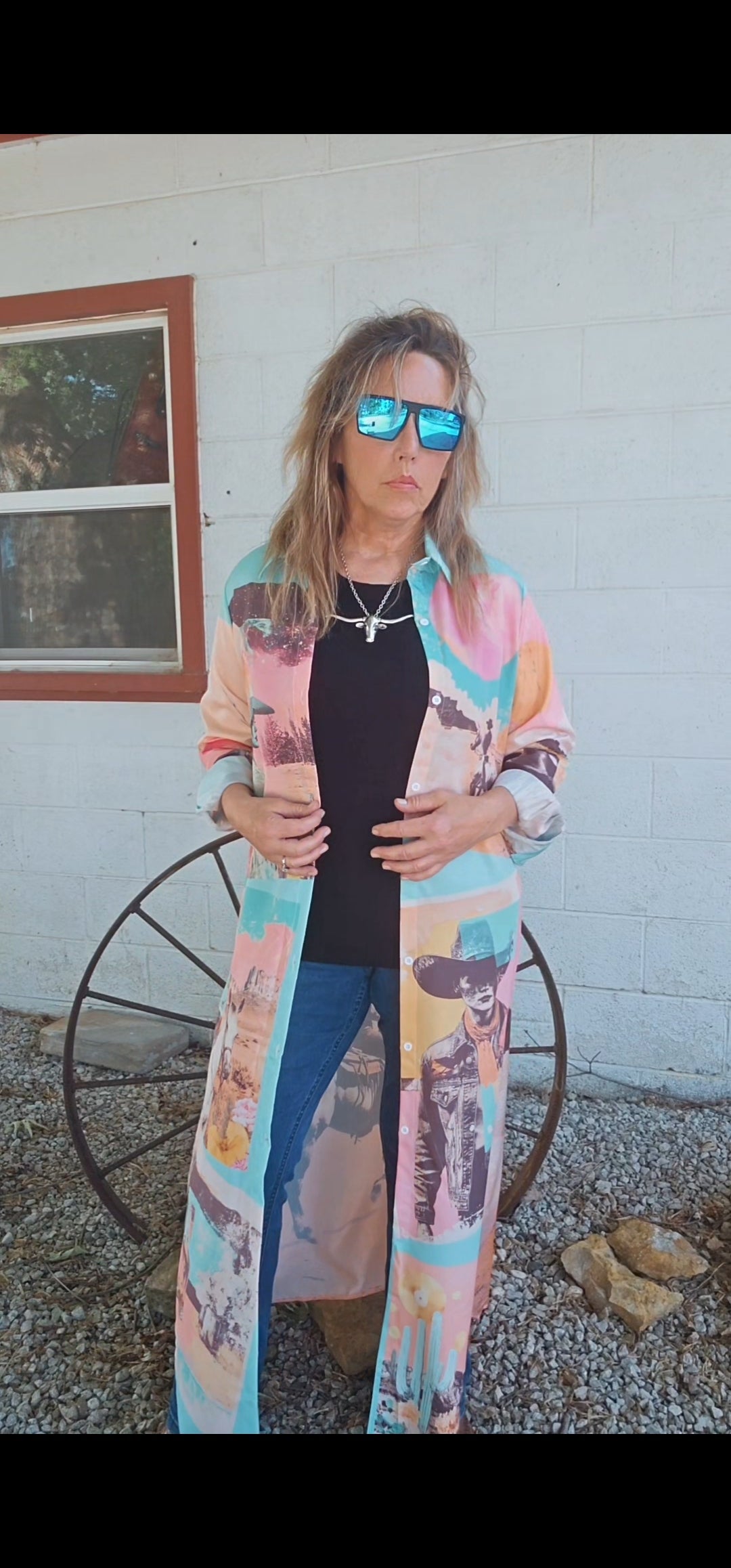 Baha Ranch Retro Pop Western Button Up Shirt Dress Duster