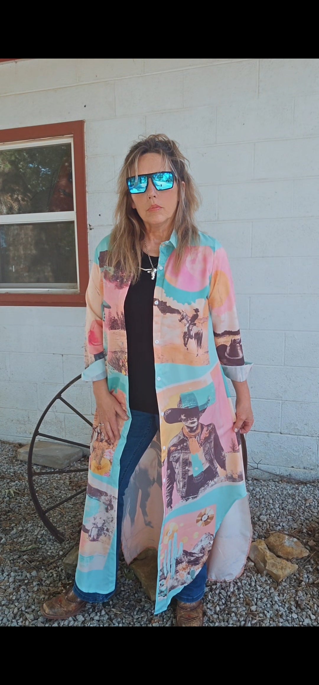 Baha Ranch Retro Pop Western Button Up Shirt Dress Duster